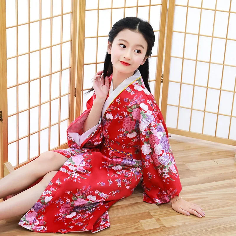 Girls Peacock Yukata Clothing Japanese Kimono Dress Children Yukata Haori Costume Traditional Japones Kimono Costume Cosplay