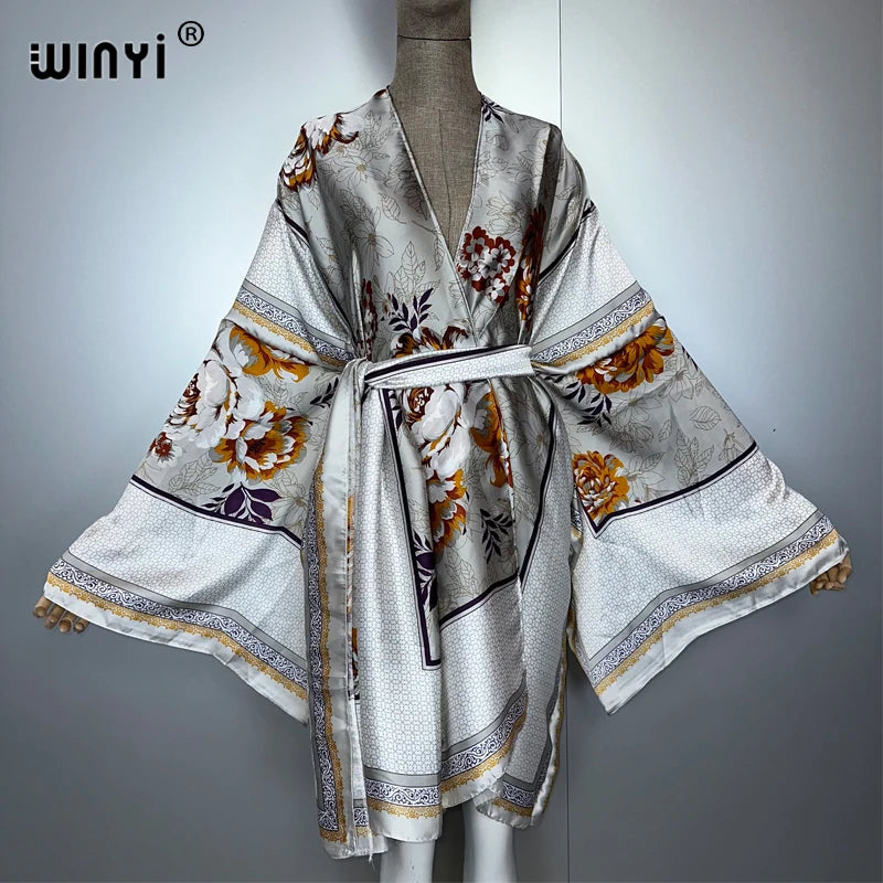 WINYI bohemian print kimono beach outfits women Swim Suit Cover up maxi Cardigan stitch Self Belt Holiday long Sleeve print coat