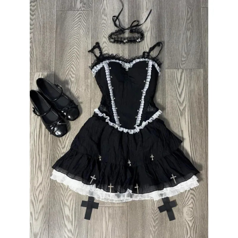 Black Gothic Lolita Suits Y2k Halloween 2 Piece Set Women Lace Top + Blakc Cake Mini Skirt + Sleeve Cosplay Vintage Clothing