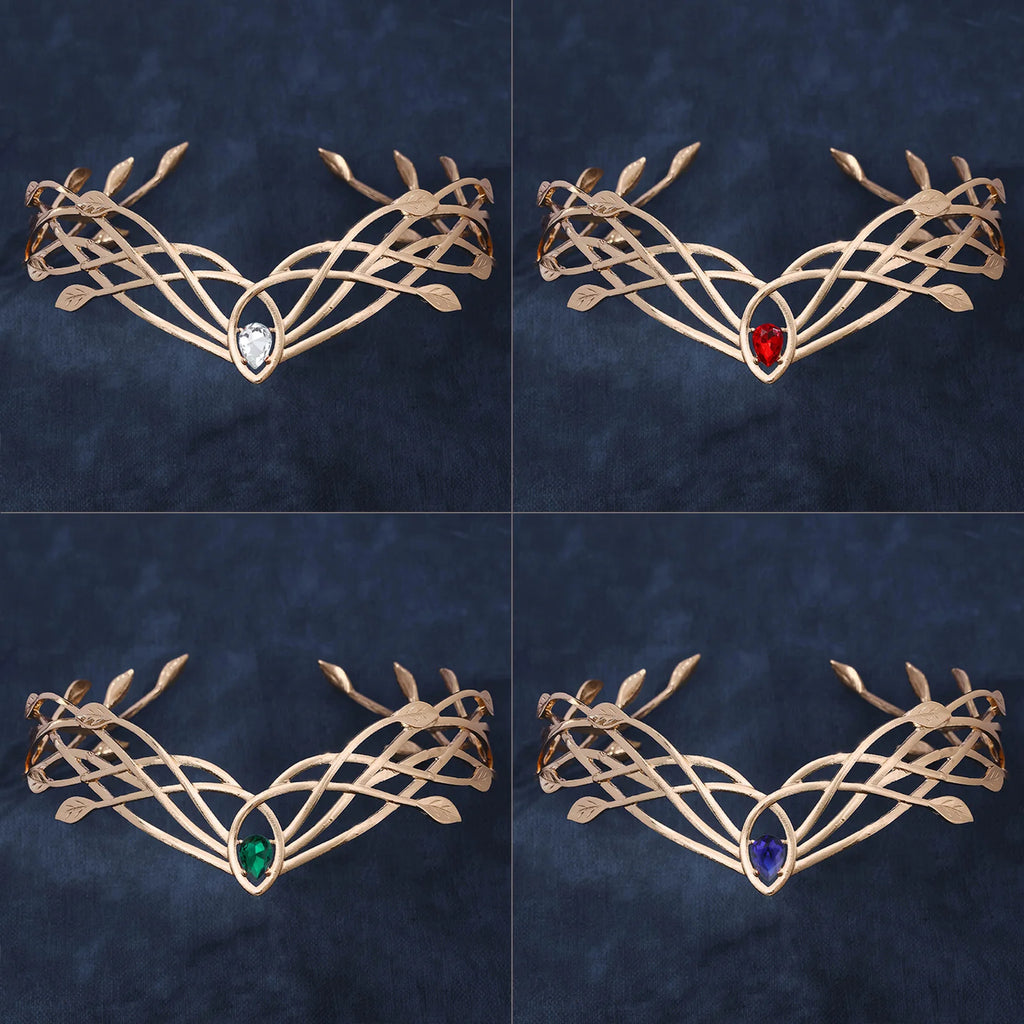 Luxury Tiaras Headbands for Women Leaf Crystal Crown Goddess Cosplay Forehead Round Elves Crowns Bridal Hair Accessories