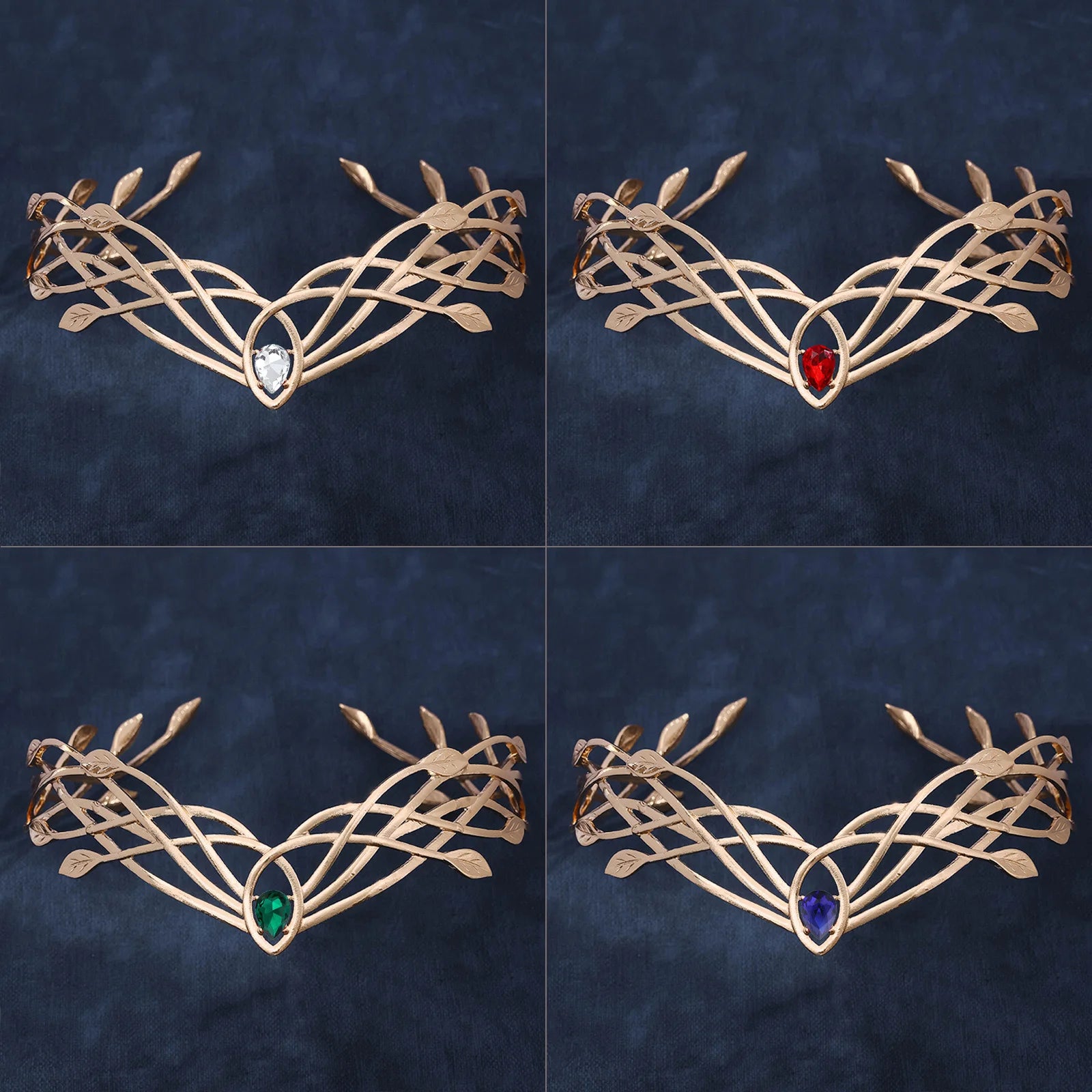 Luxury Tiaras Headbands for Women Leaf Crystal Crown Goddess Cosplay Forehead Round Elves Crowns Bridal Hair Accessories