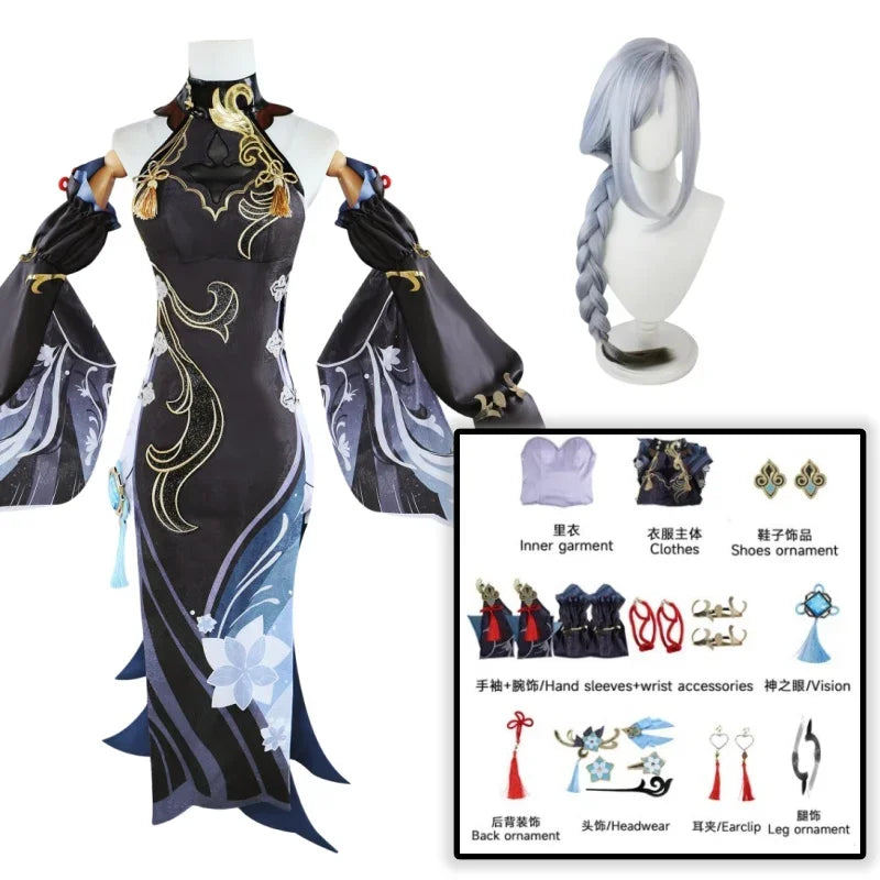 Frostflower Dew Shenhe Cosplay Costume Genshin Impact Wig Uniform  Anime Halloween Party Costumes Women Game Character Outfit