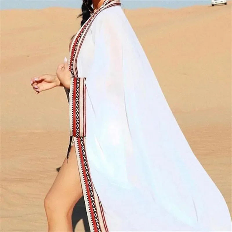 Black Chiffon Embroidery Edge Long Maxi Kimono Cardigan Women Beach Cover Up with Belt Tunica Kaftans Femininos Beach Wear 2025
