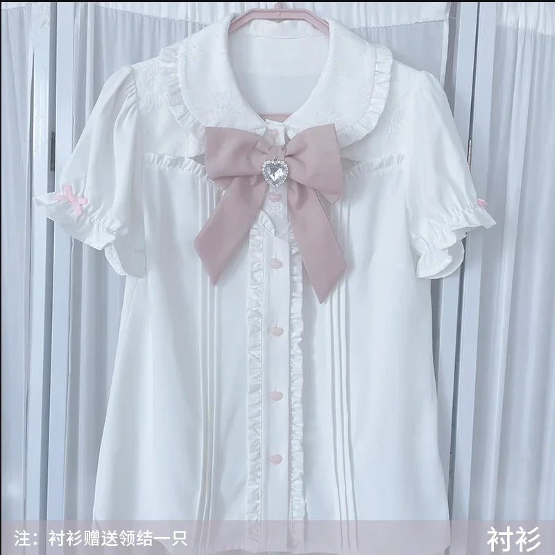 Japanese Bandage Pleated Camisole Dress + Lolita Single Breasted Shirt with Bow 2 Piece Sets Womens Outfits Sweet Girl Y2k Suits