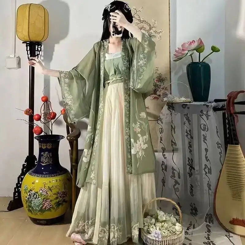 Hanfu Women Chinese Traditional Cosplay Costume Ancient Song Dynasty Hanfu Dress Spring Summer 3pcs Green Sets Plus Size xl