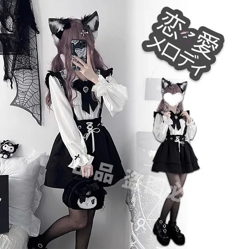 Japanese Bandage Pleated Camisole Dress + Lolita Single Breasted Shirt with Bow 2 Piece Sets Womens Outfits Sweet Girl Y2k Suits