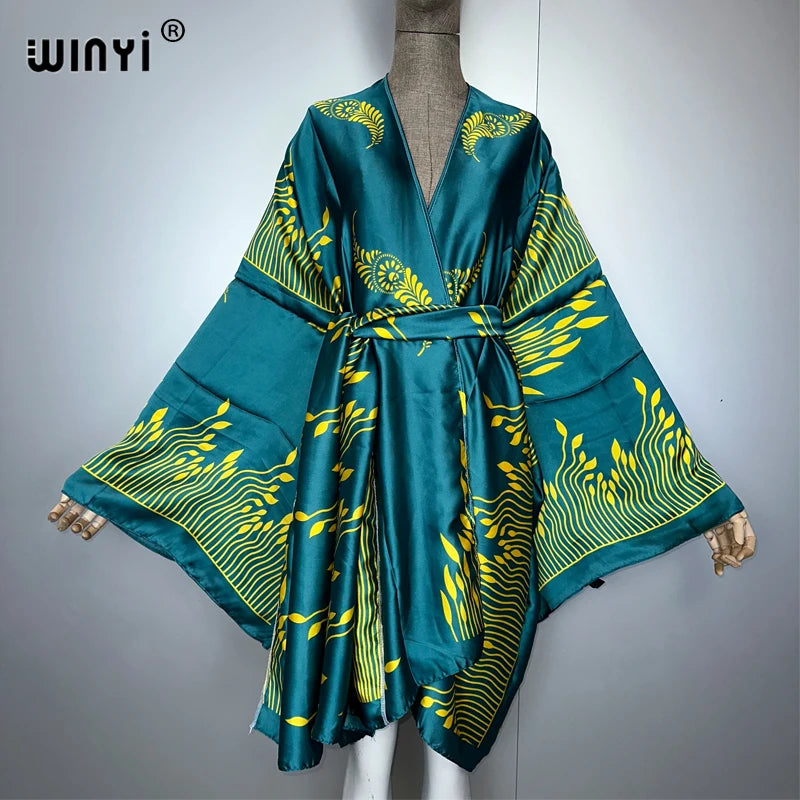 WINYI bohemian print kimono beach outfits women Swim Suit Cover up maxi Cardigan stitch Self Belt Holiday long Sleeve print coat