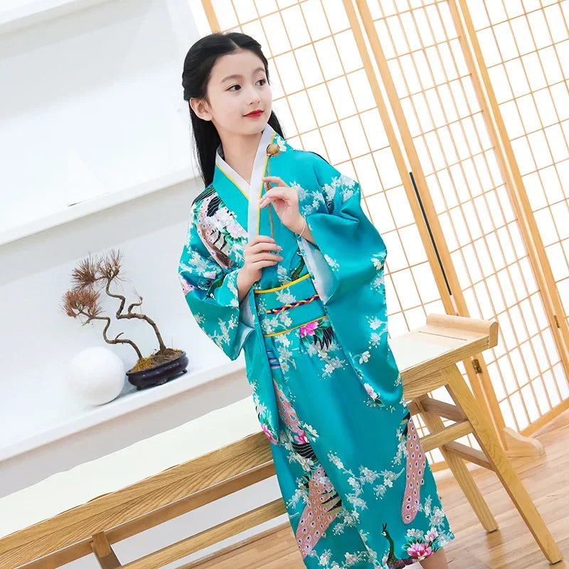 Girls Peacock Yukata Clothing Japanese Kimono Dress Children Yukata Haori Costume Traditional Japones Kimono Costume Cosplay