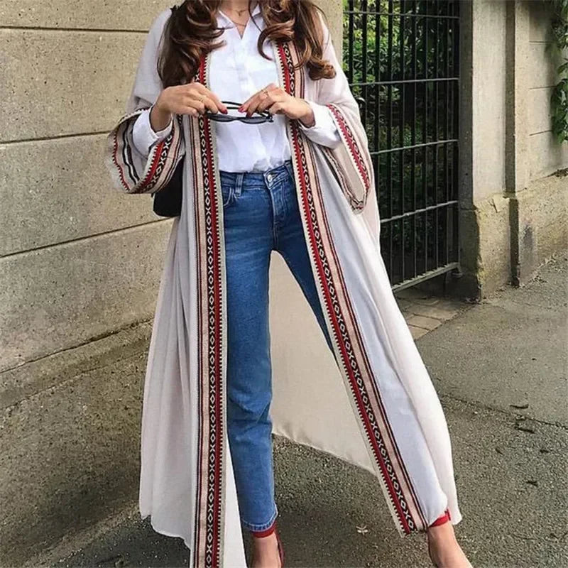 Black Chiffon Embroidery Edge Long Maxi Kimono Cardigan Women Beach Cover Up with Belt Tunica Kaftans Femininos Beach Wear 2025