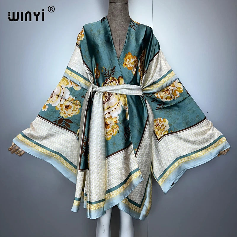 WINYI bohemian print kimono beach outfits women Swim Suit Cover up maxi Cardigan stitch Self Belt Holiday long Sleeve print coat