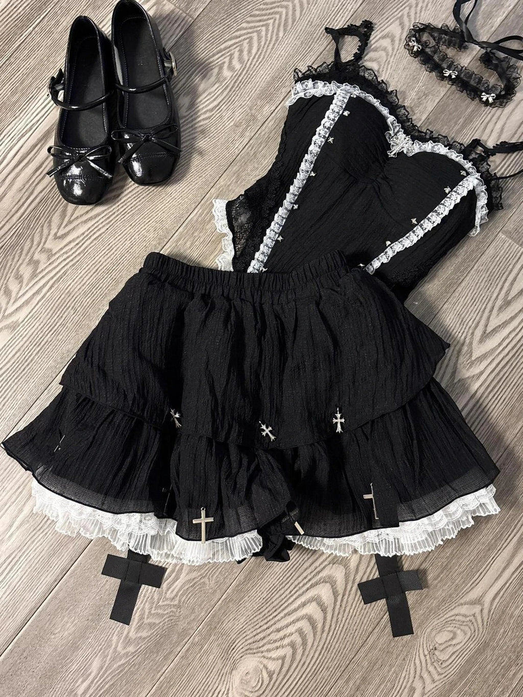 Black Gothic Lolita Suits Y2k Halloween 2 Piece Set Women Lace Top + Blakc Cake Mini Skirt + Sleeve Cosplay Vintage Clothing