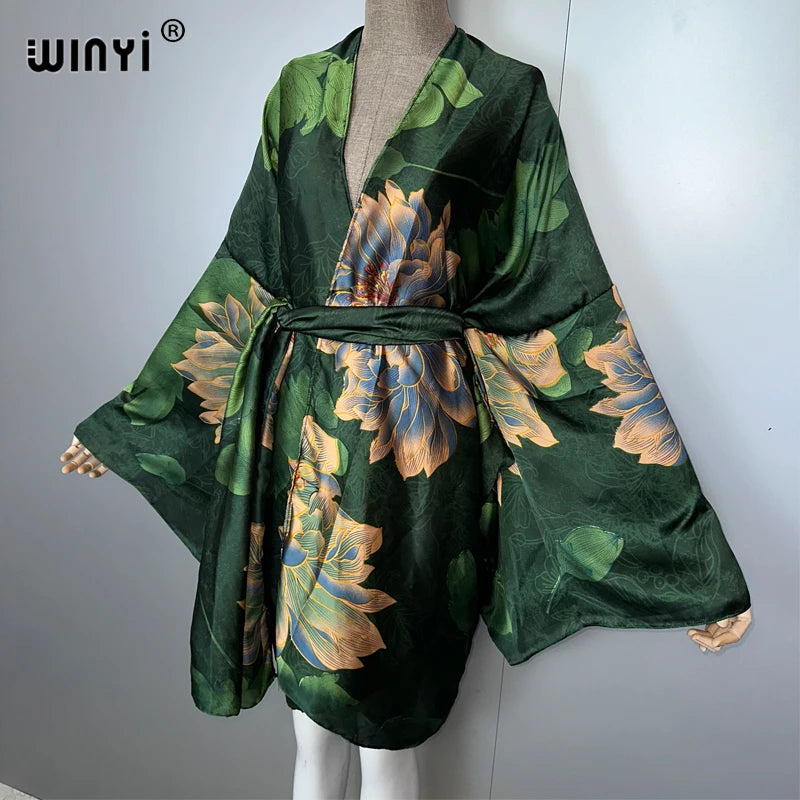 WINYI bohemian print kimono beach outfits women Swim Suit Cover up maxi Cardigan stitch Self Belt Holiday long Sleeve print coat