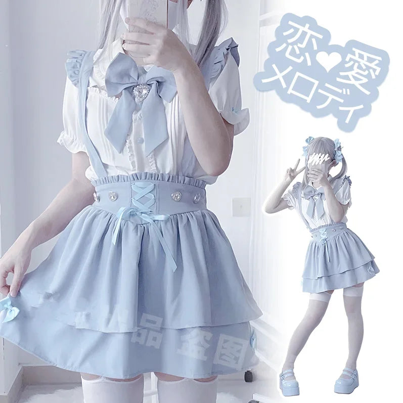 Japanese Bandage Pleated Camisole Dress + Lolita Single Breasted Shirt with Bow 2 Piece Sets Womens Outfits Sweet Girl Y2k Suits