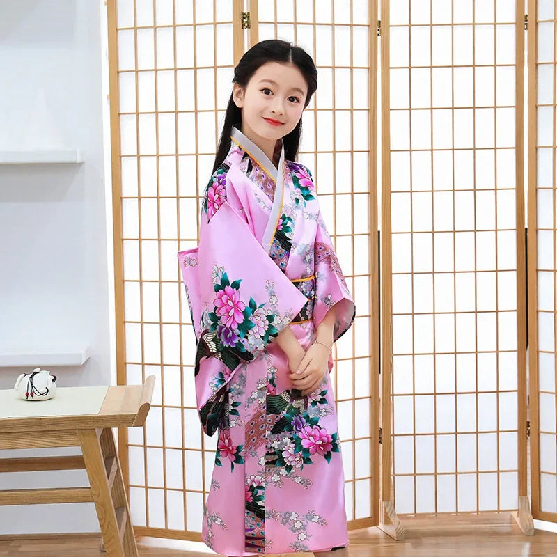 Girls Peacock Yukata Clothing Japanese Kimono Dress Children Yukata Haori Costume Traditional Japones Kimono Costume Cosplay