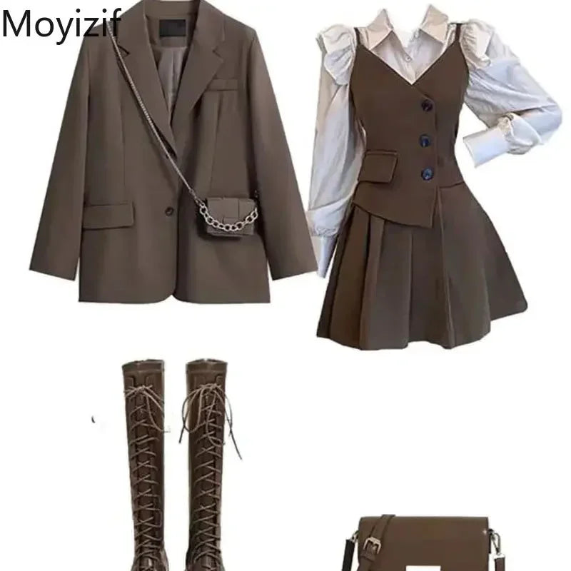 Moyizif Winter Woman Short Skirt Sets Puff Sleeve Shirt Solid Suit Coats Vintage Dress Three Piece Set Fashion Women Outfits
