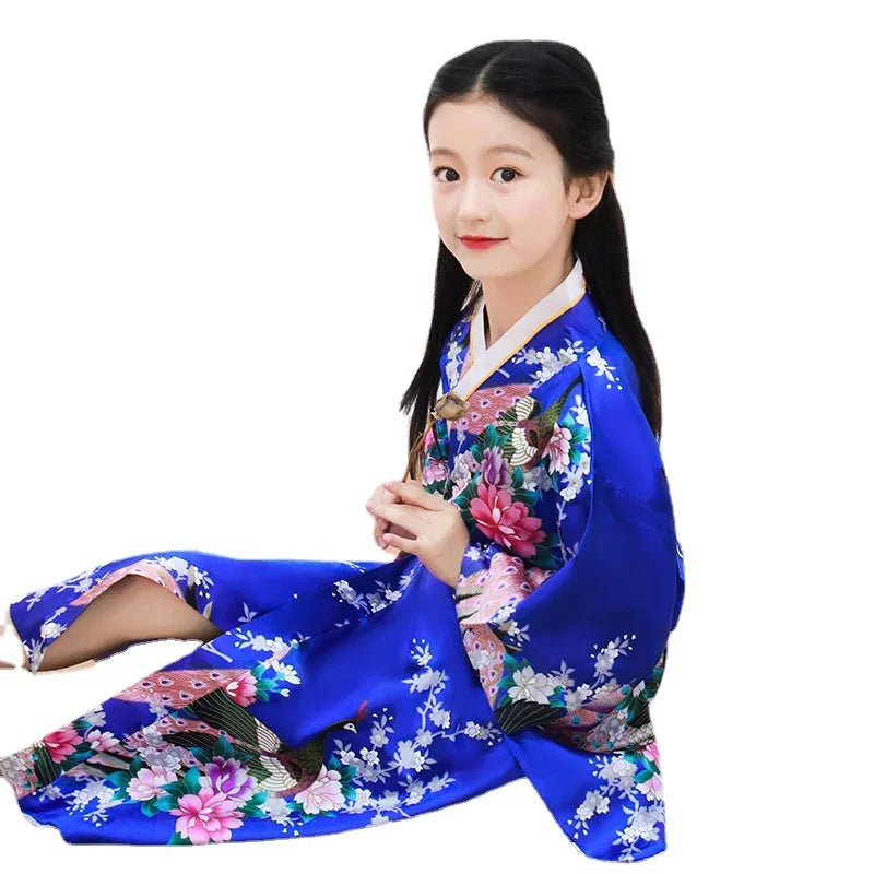 Girls Peacock Yukata Clothing Japanese Kimono Dress Children Yukata Haori Costume Traditional Japones Kimono Costume Cosplay
