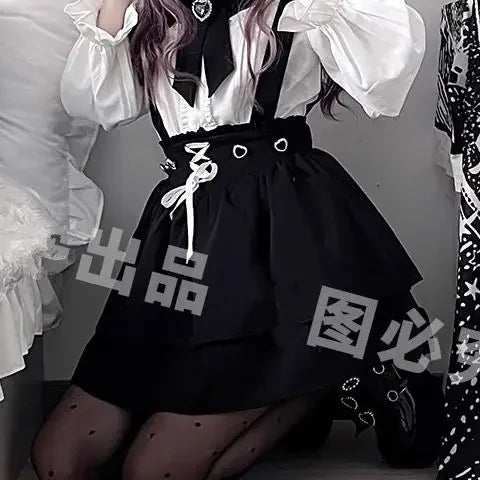 Japanese Bandage Pleated Camisole Dress + Lolita Single Breasted Shirt with Bow 2 Piece Sets Womens Outfits Sweet Girl Y2k Suits