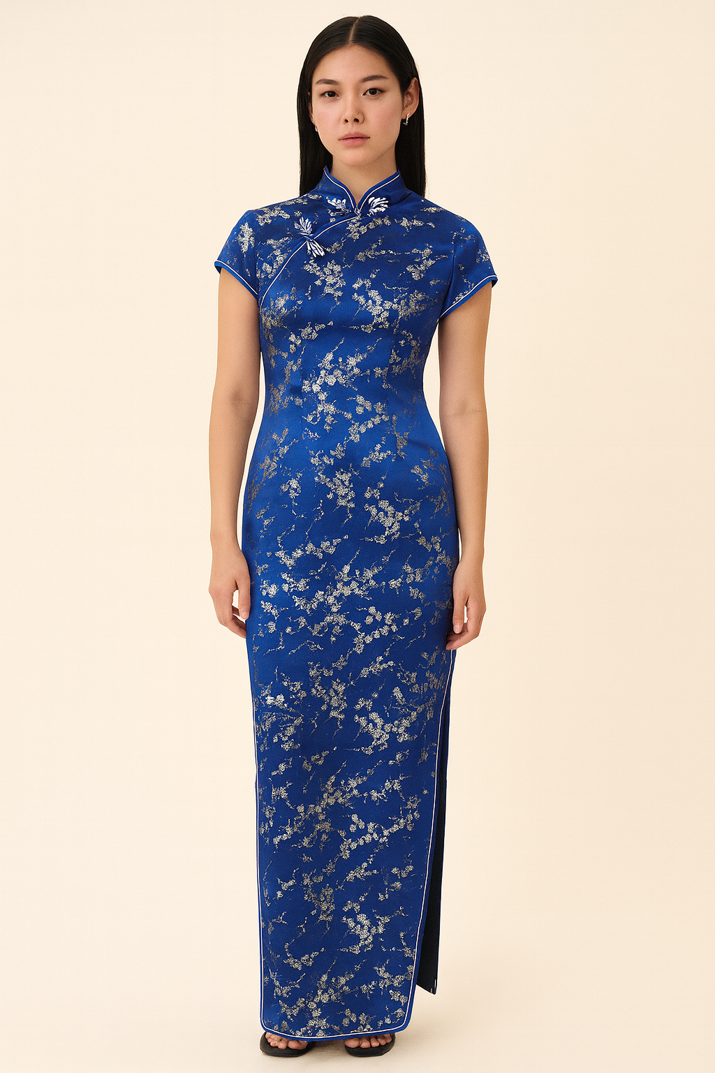 Robe chinoise longue bleue – style qipao / cheongsam – T36/38