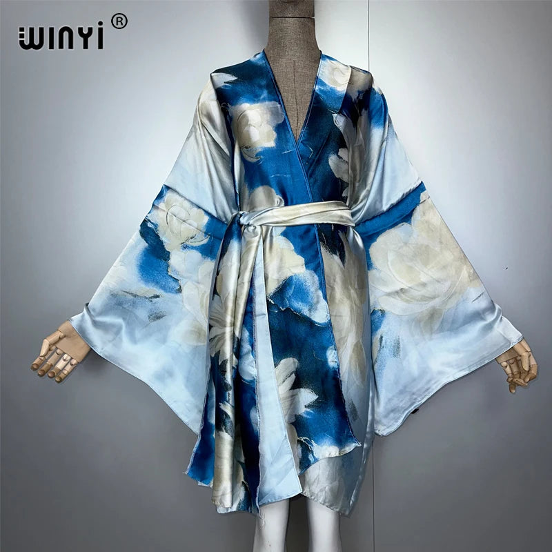 WINYI bohemian print kimono beach outfits women Swim Suit Cover up maxi Cardigan stitch Self Belt Holiday long Sleeve print coat