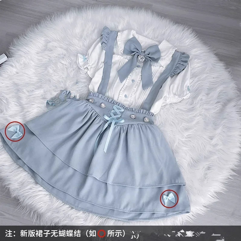 Japanese Bandage Pleated Camisole Dress + Lolita Single Breasted Shirt with Bow 2 Piece Sets Womens Outfits Sweet Girl Y2k Suits