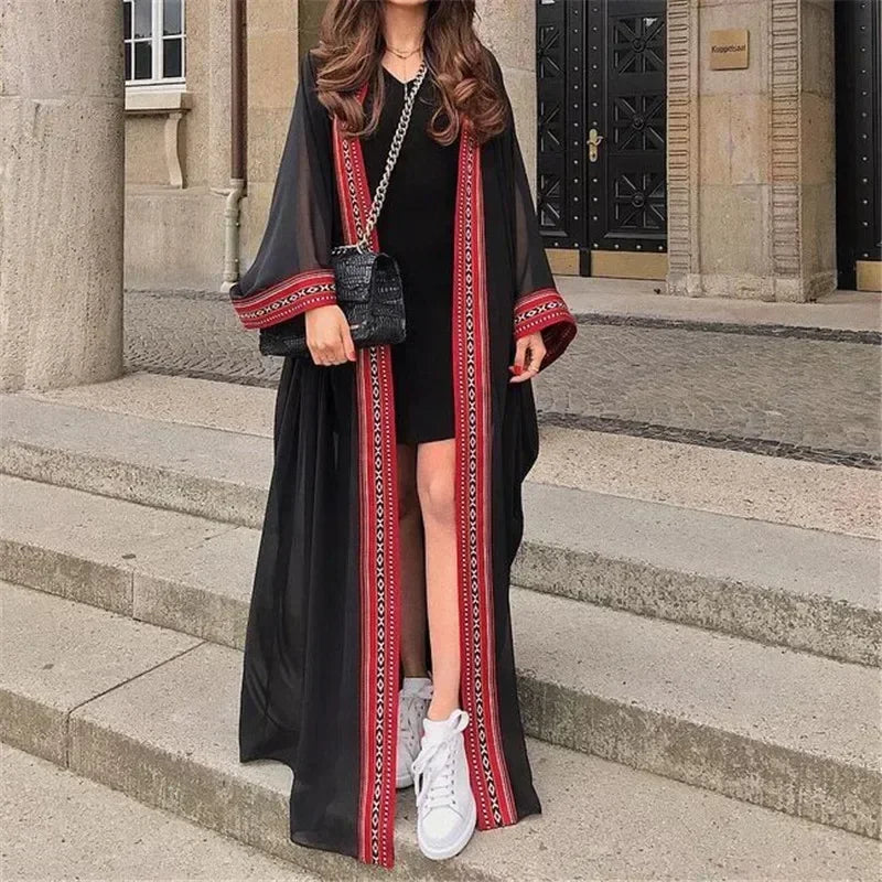 Black Chiffon Embroidery Edge Long Maxi Kimono Cardigan Women Beach Cover Up with Belt Tunica Kaftans Femininos Beach Wear 2025