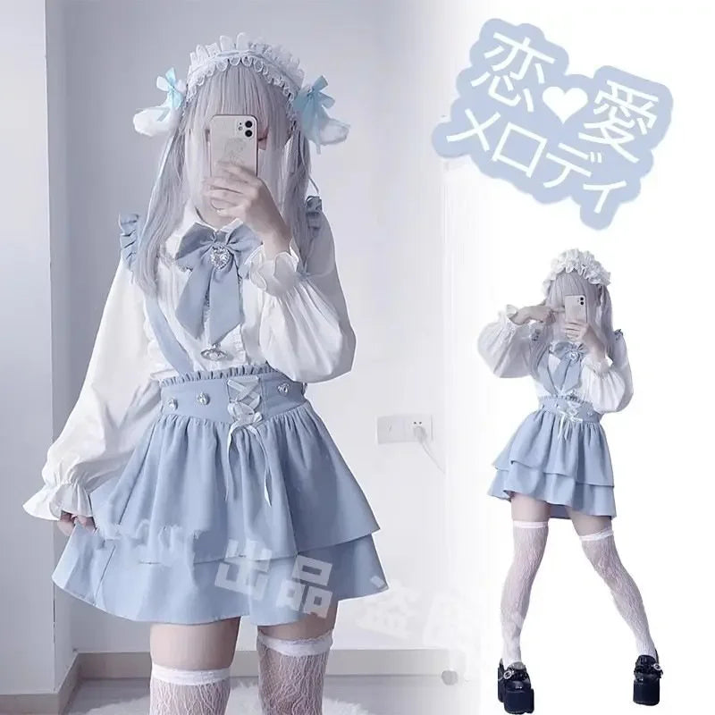 Japanese Bandage Pleated Camisole Dress + Lolita Single Breasted Shirt with Bow 2 Piece Sets Womens Outfits Sweet Girl Y2k Suits