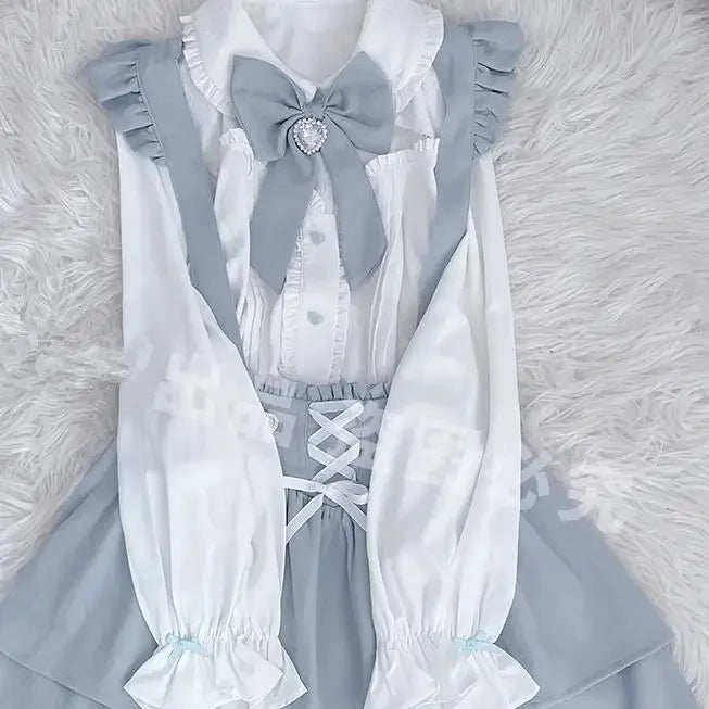 Japanese Bandage Pleated Camisole Dress + Lolita Single Breasted Shirt with Bow 2 Piece Sets Womens Outfits Sweet Girl Y2k Suits