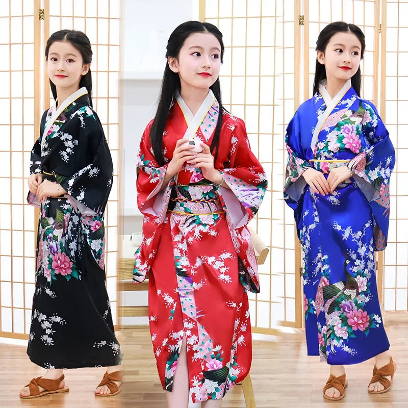 Girls Peacock Yukata Clothing Japanese Kimono Dress Children Yukata Haori Costume Traditional Japones Kimono Costume Cosplay