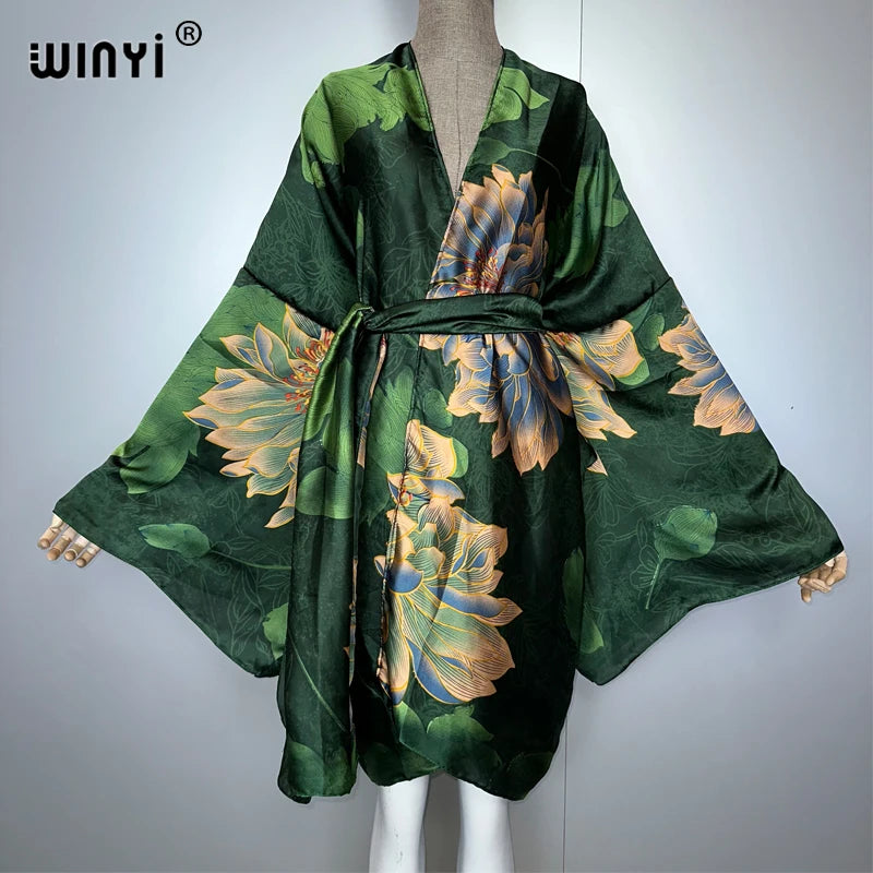 WINYI bohemian print kimono beach outfits women Swim Suit Cover up maxi Cardigan stitch Self Belt Holiday long Sleeve print coat