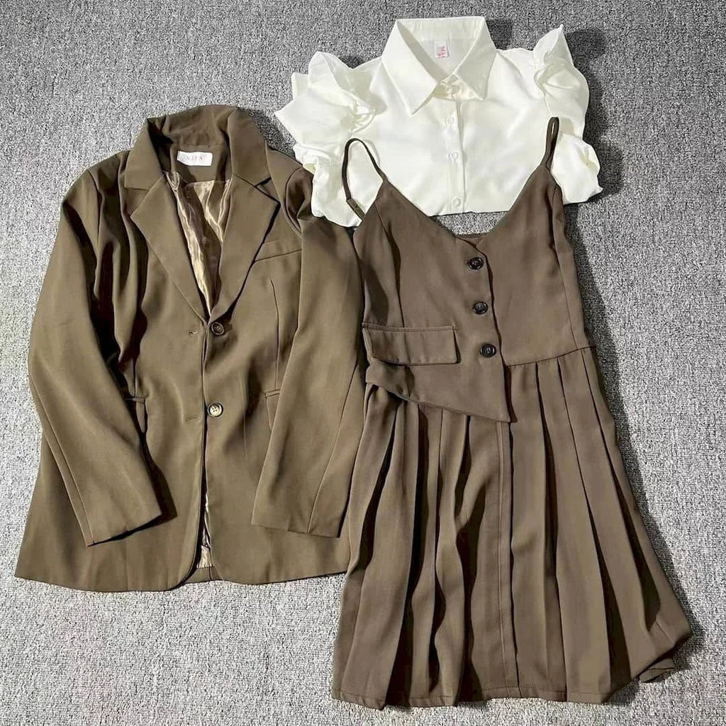 Moyizif Winter Woman Short Skirt Sets Puff Sleeve Shirt Solid Suit Coats Vintage Dress Three Piece Set Fashion Women Outfits