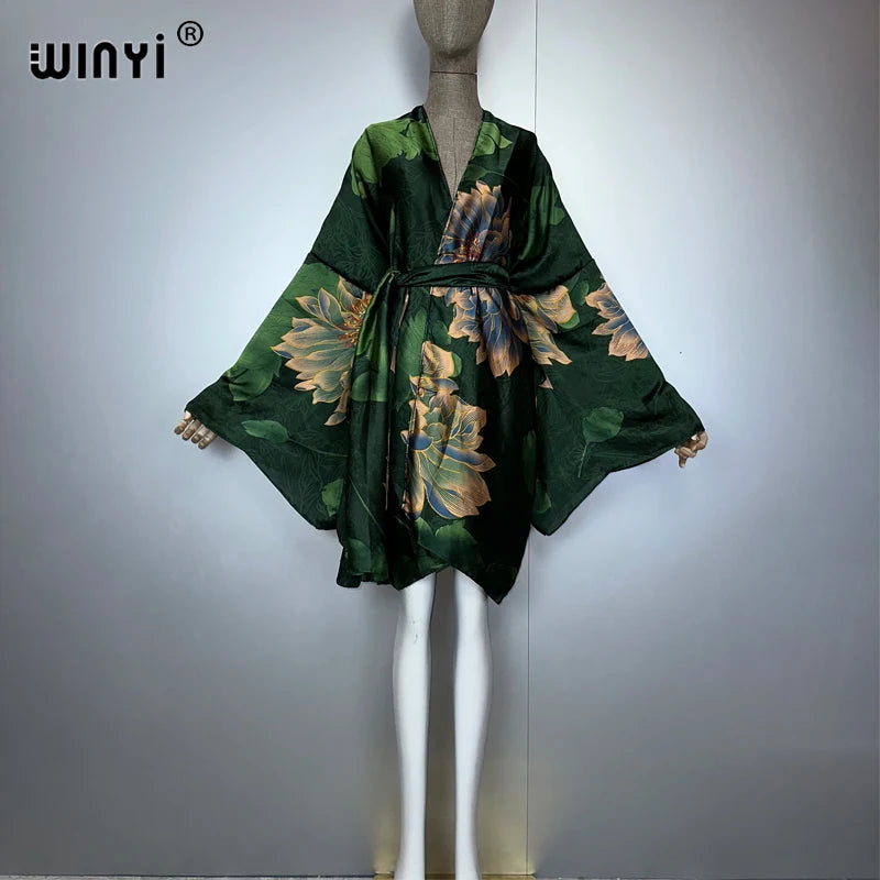 WINYI bohemian print kimono beach outfits women Swim Suit Cover up maxi Cardigan stitch Self Belt Holiday long Sleeve print coat