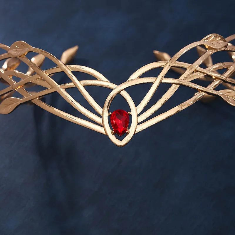Luxury Tiaras Headbands for Women Leaf Crystal Crown Goddess Cosplay Forehead Round Elves Crowns Bridal Hair Accessories